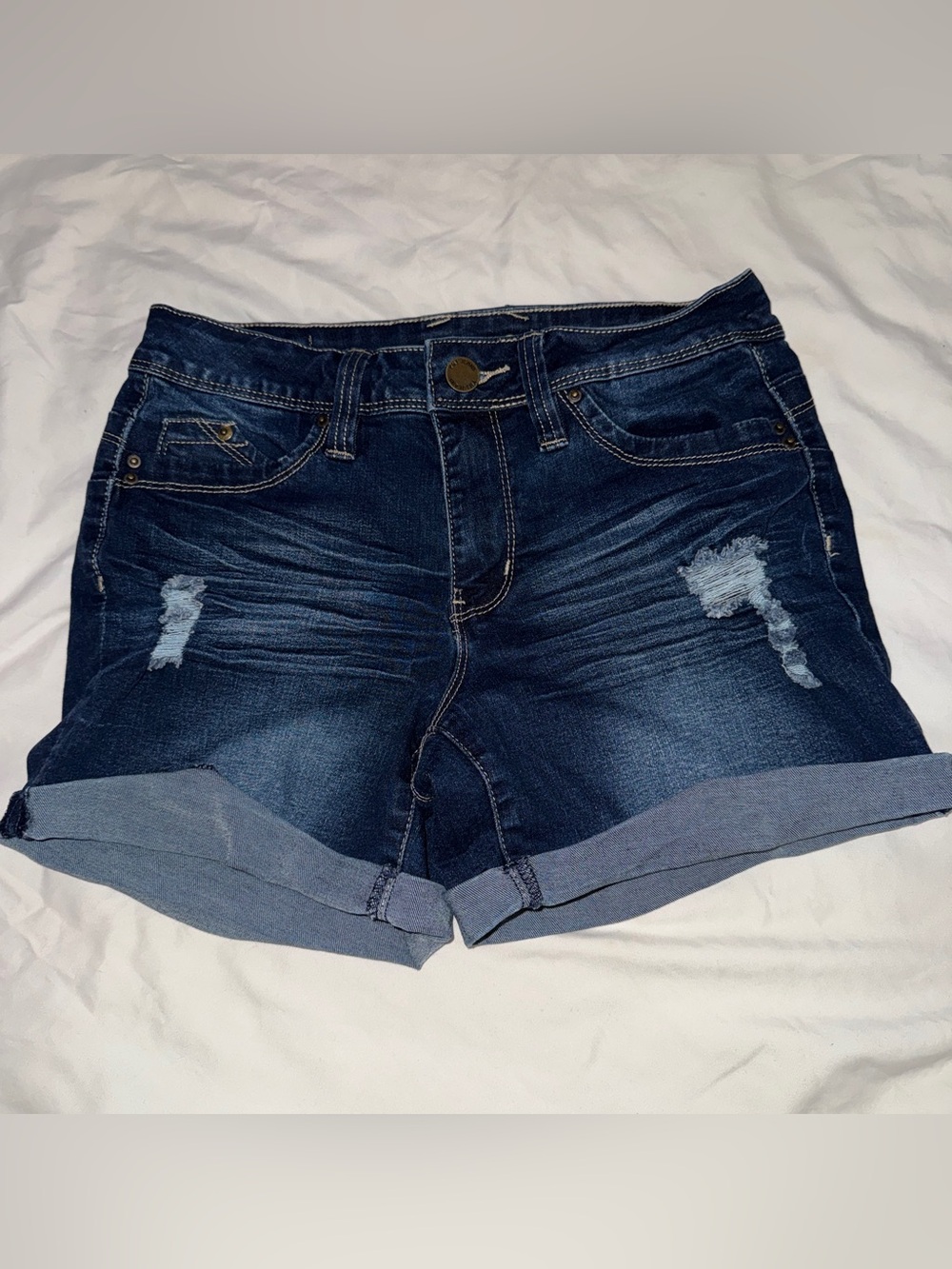 YMI Dark Blue Distressed Rolled Hem Denim Shorts